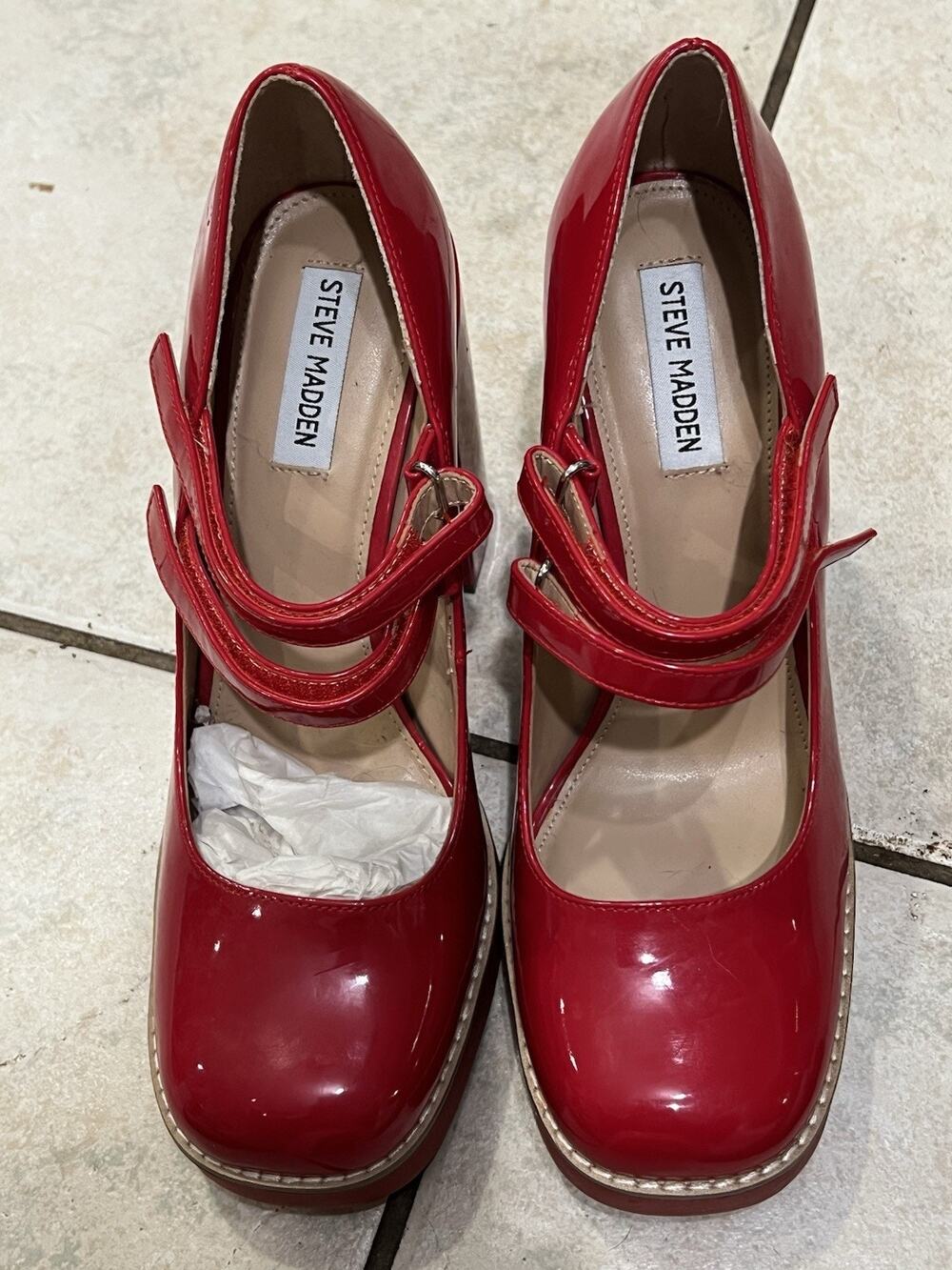 Steve Madden Twice Patent Red Platform Mary Jane Block Heels Double strap 11